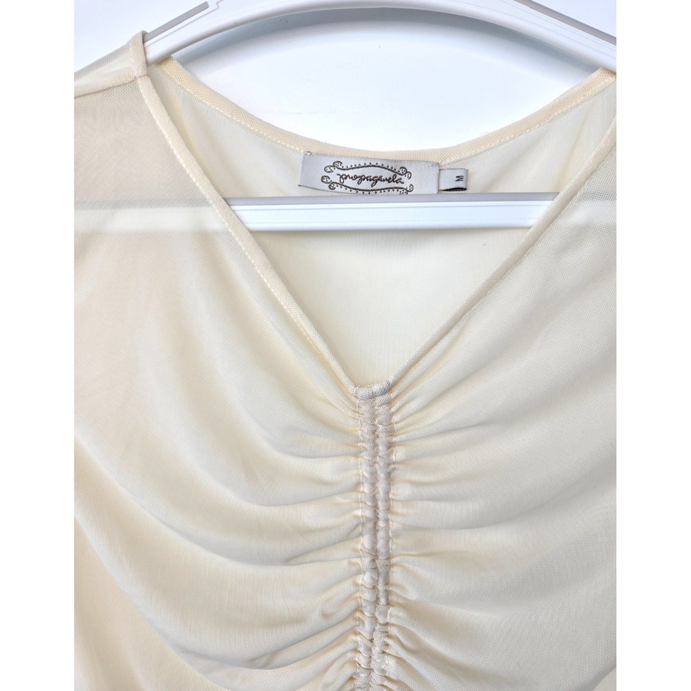 Propaganda Mesh Pull Over Ruched Cinched Top Ivory Women Sz M Y2K Whimsy Festive - Picture 5 of 16